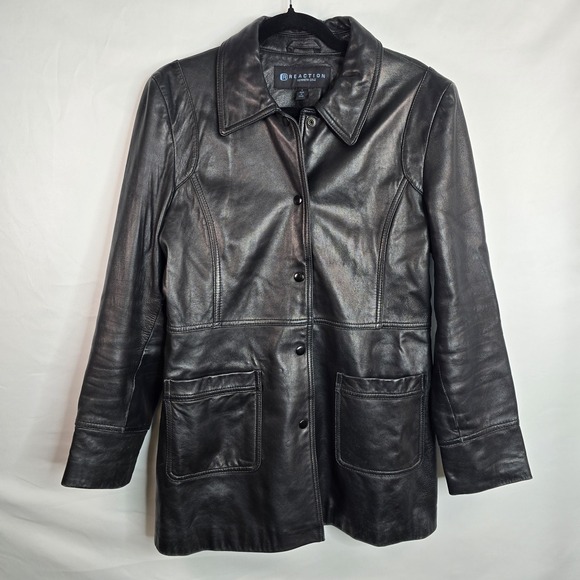 Kenneth Cole Reaction‎ Black Leather Coat Jacket Size Large Vtg Y2K 90s - Picture 1 of 8